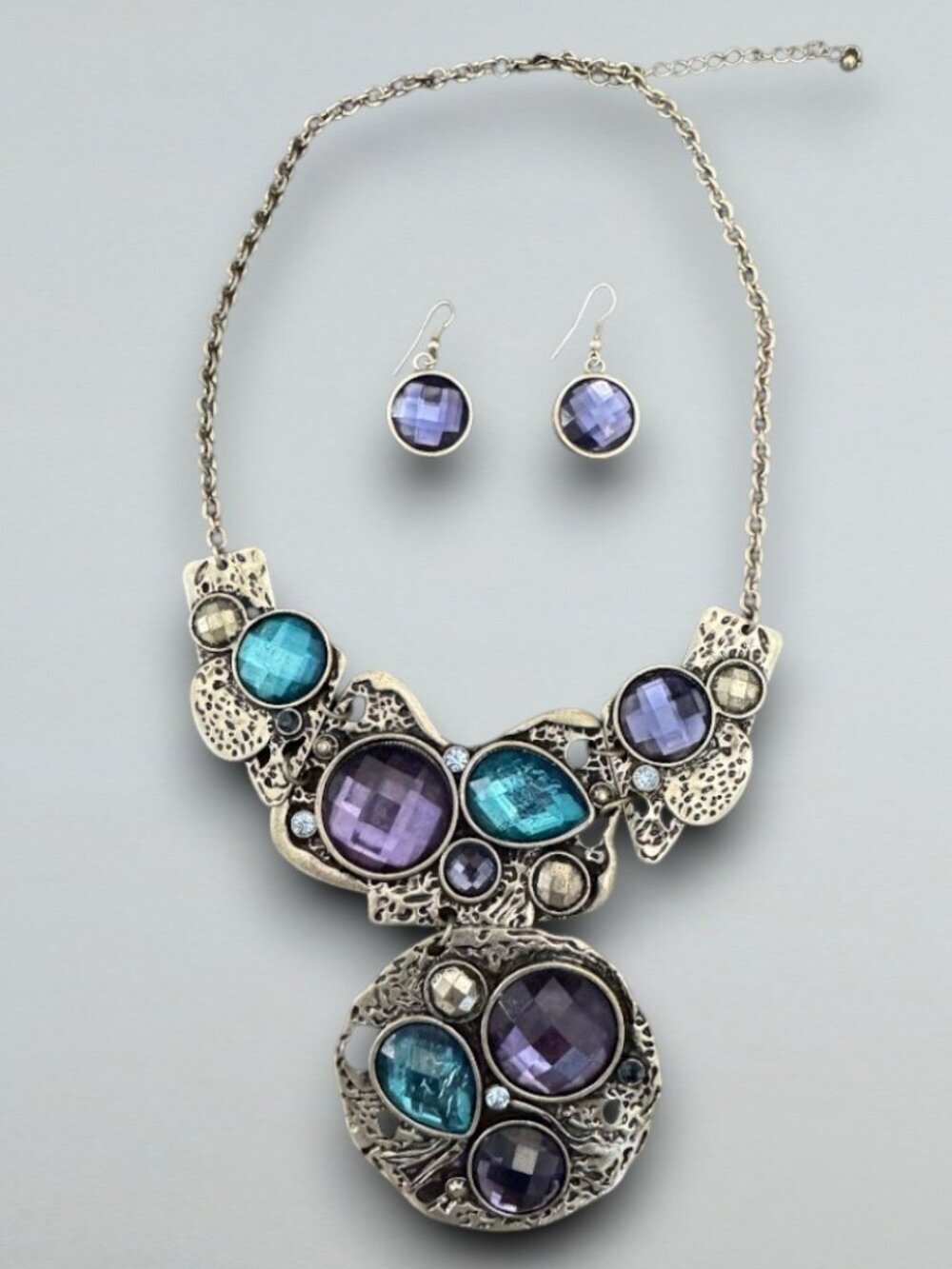 Blue Purple Statement Necklace Earrings Set Silver Tone Faceted Stones